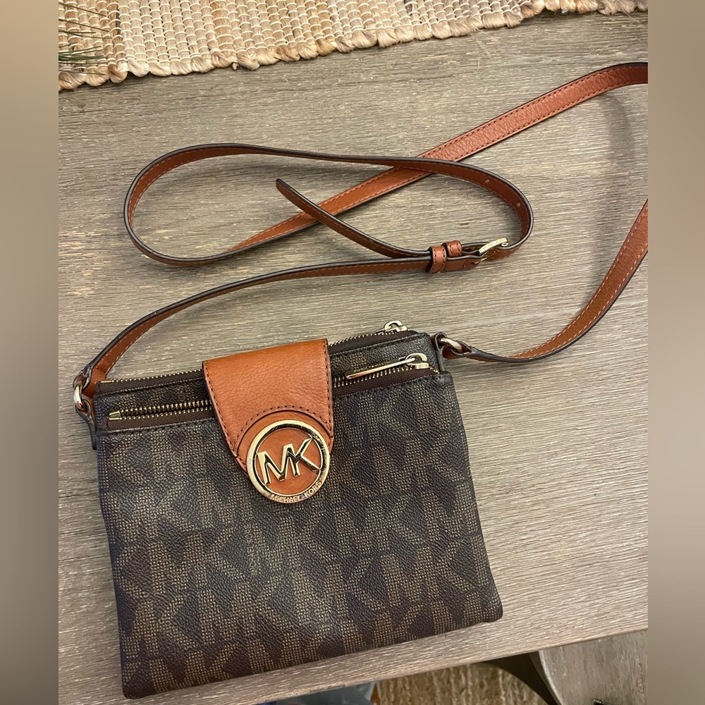 Michael Kors Fulton Crossbody MK Signature Brown Flap Double Zip PVC Leather